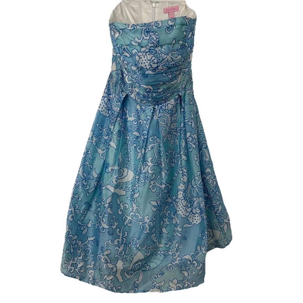 Lily Pulitzer Angelette Dress Size 0 Strapless Blue White Silk Butterfly‎ Floral
